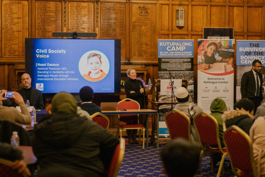 Hazel Danson from National Education Union, speaking at the Justice & Accountability Dialogue & Rohingya Community Reception and Iftar